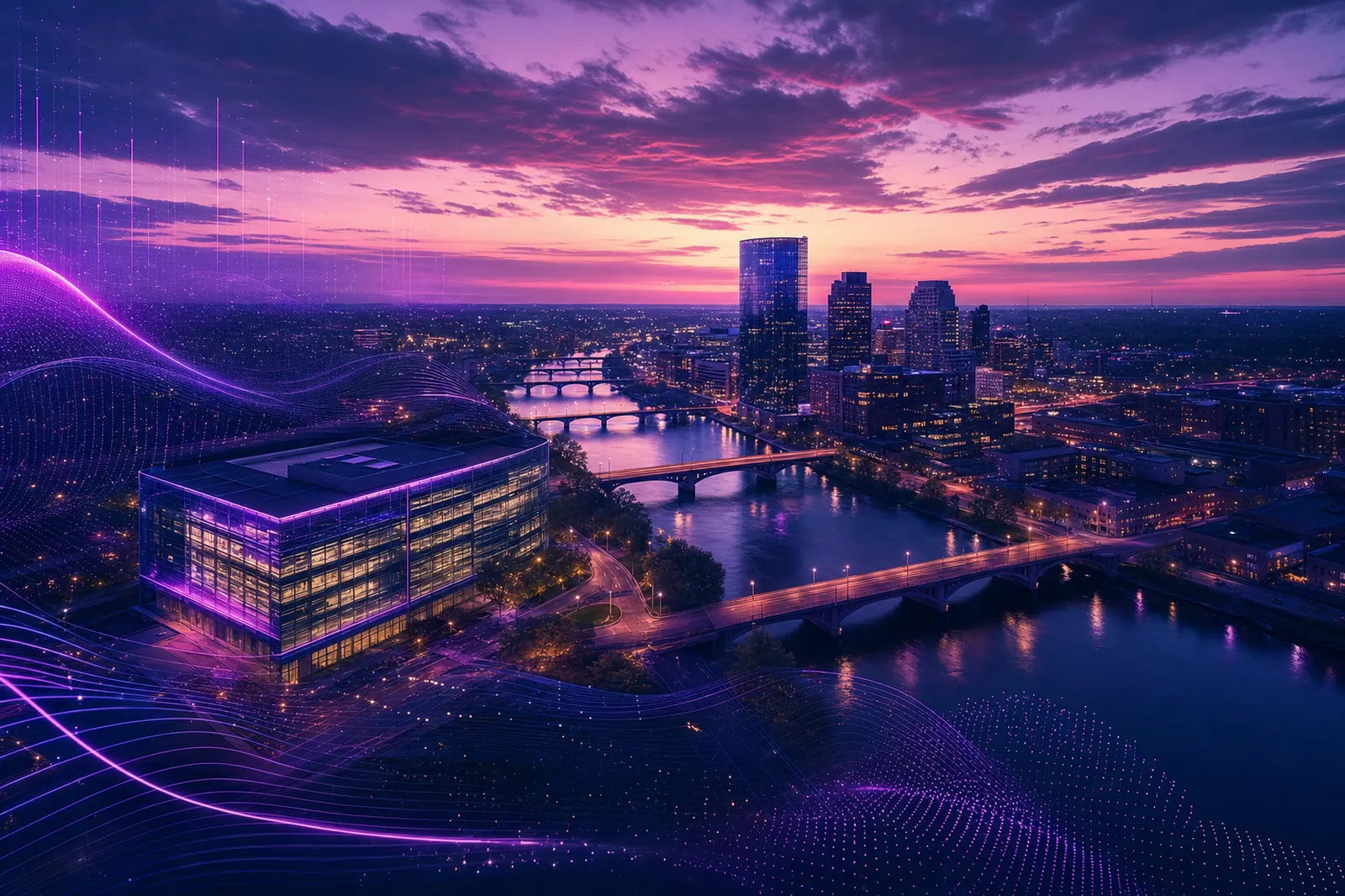 A river city at dusk, bridges lit across the water