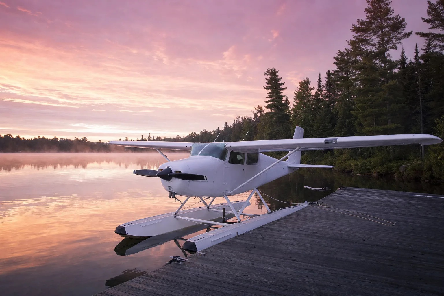 A floatplane at a dock on a northern lake at dawn
